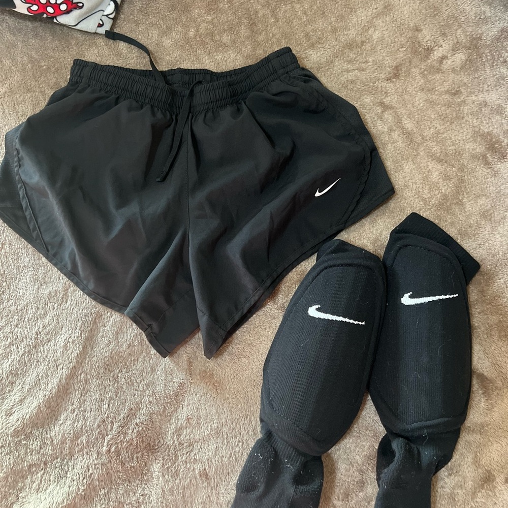 Nike Kids Black Sports Shorts and shin guards
